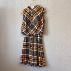 Vintage 70s Country Set plaid girls top and skirt wool set size M